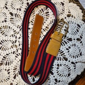 Coach Men's Or Women's Tan Leather With Red And Navy Striped Stretch Belt